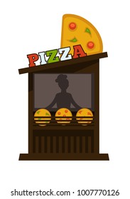 Pizza street food vendor booth stand or pizzeria fastfood counter vector flat design isolated icon
