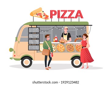 Pizza street market food truck vector illustration. Cartoon mini pizzeria restaurant mobile shop in van bus foodtruck marketplace, happy man seller character selling takeaway pizza fastfood to people