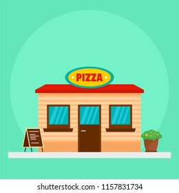 Pizza street shop background. Flat illustration of pizza street shop vector background for web design