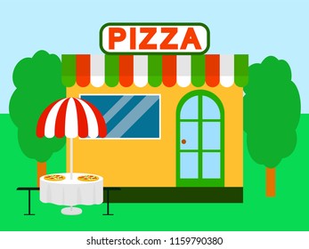 Pizza street shop festival background. Flat illustration of pizza street shop festival vector background for web design