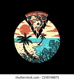 Pizza summer beach t-shirt graphic design, hand drawn line style with digital color, vector illustration