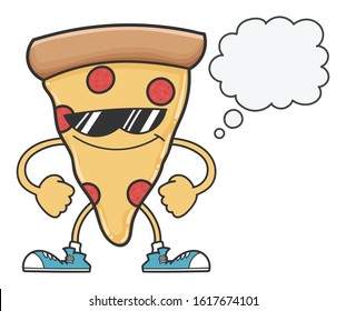 Pizza with sunglasses cartoon and speech bubble isolated on white background