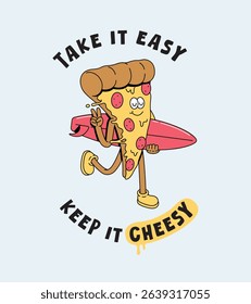 pizza surf retro cartoon illustration