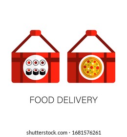 Pizza and sushi delivery. Bag for delivery. Online food delivery. Vector.
