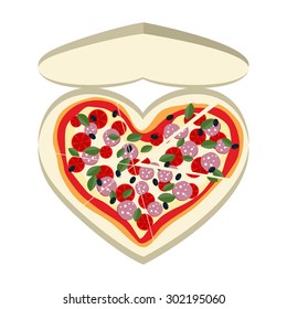 Pizza as a symbol of heart. In a paper box. Vector illustration food
