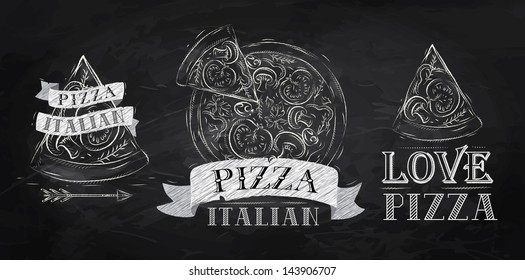 Pizza symbols with the inscription Italian drawing with chalk on chalkboard background.