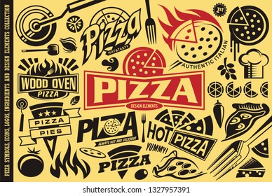 Pizza symbols, logos, signs, icons, emblems, pizza ingredients and pizzeria design elements collection. Vector pizza food illustration.