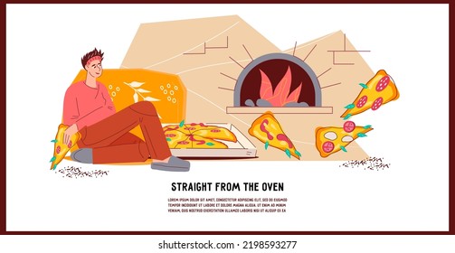 Pizza Takeaway Service And Pizzeria Restaurant Delivery. Flyer Or Leaflet Mockup With Woman Eating Delivered Pizza From Takeaway Or Takeout Service, Flat Cartoon Vector Illustration.