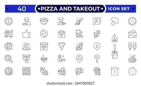 Pizza and takeout. Fast food outline icons. Fast food vector icon line set. Burger sandwich pizza hot dog cola coffee sweets.

