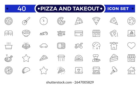 Pizza and takeout. Fast food outline icons. Fast food vector icon line set. Burger sandwich pizza hot dog cola coffee sweets.
