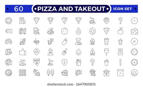 Pizza and takeout. Fast food outline icons. Fast food vector icon line set. Burger sandwich pizza hot dog cola coffee sweets.
