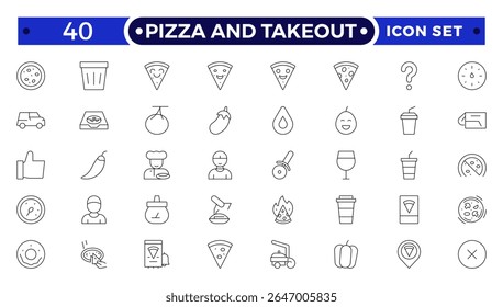 Pizza and takeout. Fast food outline icons. Fast food vector icon line set. Burger sandwich pizza hot dog cola coffee sweets.
