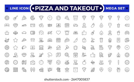 Pizza and takeout. Fast food outline icons. Fast food vector icon line set. Burger sandwich pizza hot dog cola coffee sweets.
