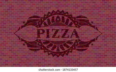 pizza text inside brick wall realistic emblem. Tiles delicate background. Intense illustration. 