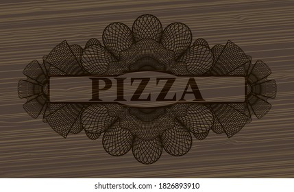 pizza text inside Linear wood realistic badge. Brown fancy background. Artistic illustration. 