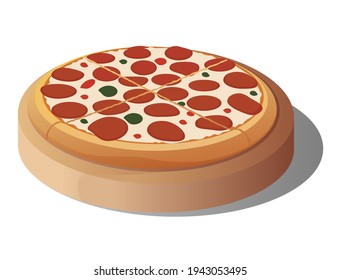 Pizza that has been cut into quarters on a round cutting board