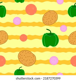 pizza theme vegetable seamless pattern with mustard stripes. Capsicum, potato, onion rings and pepperoni placed on mustard sauce stripes seamless surface pattern suitable for textile,fabric and more.
