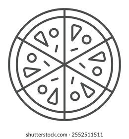 Ícone de linha fina de pizza, conceito de padaria. Gráficos vetoriais. Pizza fatiada sinal de comida saborosa no fundo branco, ícone de estilo de contorno para design móvel ou web