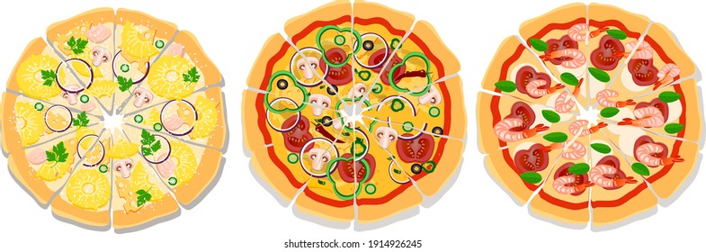 Pizza. Three different pizzas, pineapple, seafood and vegetarian. Fast food.