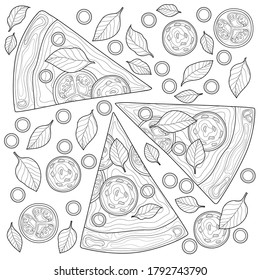 
Pizza three pieces.Food.Coloring book antistress for children and adults. Zen-tangle style.
Black and white drawing