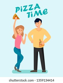 Pizza Time Advertising Brochure Vector Template. Pizzeria Promotional Poster. Woman and Man Holding Takeout Food. Pizza Slices with Different Flavours. Restaurants Special Offers for Customers