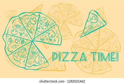 Pizza time background. Food illustration. Vintage hand drawn sketch, vector illustration. Italian food in top view. Pizza time! Vegan pizza illustration.