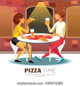 Pizza Time Background with Young Couple Eating Out Vector Illustration