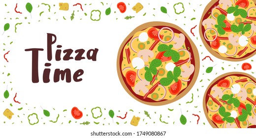 Pizza Time banner with tasty pizza. Delicious beautiful home-made pizza. Empty space for text. Pizza with mushrooms, tomatoes, onion, bacon, cheese, and basil. Flat vector design