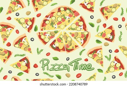 Pizza Time banner with tasty pizza. Delicious beautiful home-made pizza. Italian pizza. Takeaway menu. Can be poster, banner or invitation. Flat Vector Cartoon Illustration