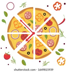 Pizza time clock, food delivery campaign icon, vector illustration. Slices of pizza and clock arrows, fast food pizzeria concept in flat cartoon style. Pizzeria menu decoration, lunch snack delivery