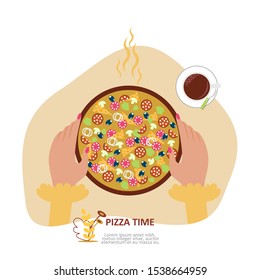 Pizza time. Fast Food, Cafe. Cartoon Flat Vector Illustration, Banner. Pizzeria Bistro Website Landing Page.