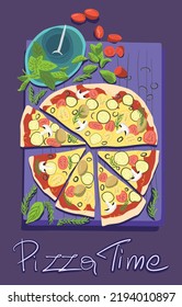 Pizza Time. Fast food pizza poster. Italian pizza. Takeaway menu. Can be poster, banner or invitation. Flat Vector Cartoon Illustration