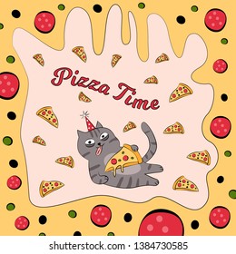 Pizza Time with Funny Cat Illustration