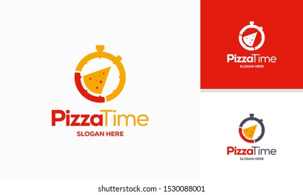 El logo Pizza Time diseña el concepto vector, Pizza y el símbolo de la plantilla del logotipo Stopwatch icono