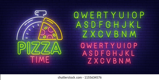 Pizza Time neon sign, bright signboard, light banner. Cafe and restaurant logo. Neon sign creator. Neon text edit