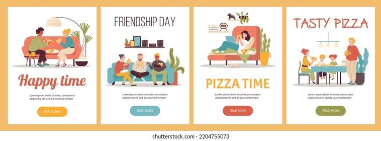 Pizza time posters for social media and flyers with people eat pizza, flat cartoon vector illustration. Cards or banners with characters eat pizza with friends and family.