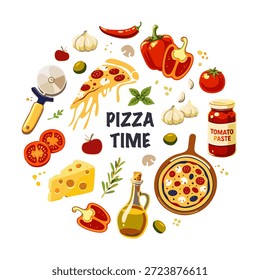 Ilustração do vetor do tempo da pizza com composição redonda, fatia e pizza inteira, queijo, tomates, manjericão, alho e azeite de oliva. Desenho de comida plana desenhado à mão isolado no fundo branco.