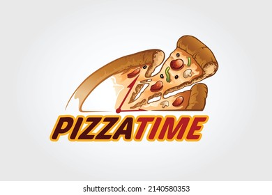 Pizza Time Vector Logo Cartoon. This logo is highly suitable for any pizza related restaurant, fast food, delivery, trattoria, bistro, catering and Italian food related businesses. 