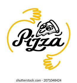 Pizza zusammen. Logo mit Handgriffen. Schriftzeichen mit Kalligraphie-Vektorgrafik. Dreieckige Scheibe Pizza. Italienisches Gericht bringt Freunde zusammen.