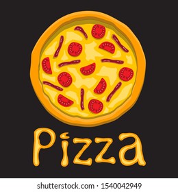 Pizza with tomato and bacon letters on black isolated background. Design element object. Vector image. eps 10
