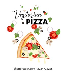 Pizza con tomate, brócoli, albahaca, aceitunas negras, setas y queso mozzarella. Ropa de pizza vegetariana. Pizza caliente con verduras aisladas de fondo blanco. Ilustración vectorial plana