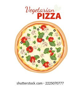 Pizza with tomato, broccoli, basil, olives, mushrooms and onion. Vegetarian pizza top view. Hot pizza with vegetables isolated on white background. Flat vector illustration