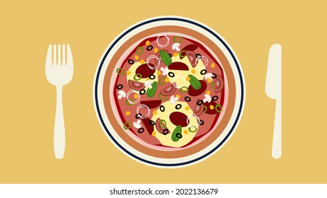 Pizza with tomato, cheese, black oil, sausage, corn, onion, green pepper and mushroom on a plate. Fork and knife. Top view. Yellow background.