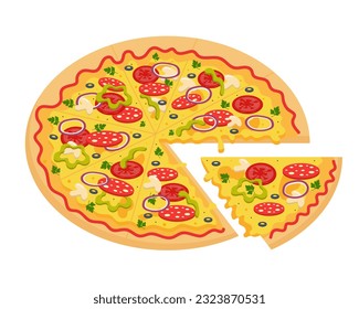 Pizza with tomato, cheese, olives, pepperoni, onion, basil, pepper and mushrooms. Traditional italian fast food. Whole round pizza with cut off slice. Cartoon flat vector illustration.