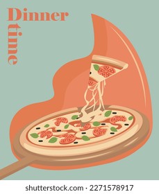 Pizza with tomato cheese and spinach vector poster. Food illustration