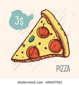 Pizza with a tomato and cheese. Vector illustration in retro style.