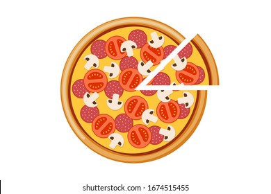 Pizza with tomato mushroom salami and cheese slices. Italian fast food meal isolated flat vector eps illustration