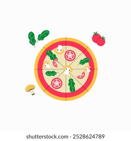 Pizza con tomate, champiñones, aderezos de espinacas en Ilustración vectorial plana que simbolizan ingredientes frescos, deliciosas comidas y cocina italiana, aislada sobre fondo blanco.