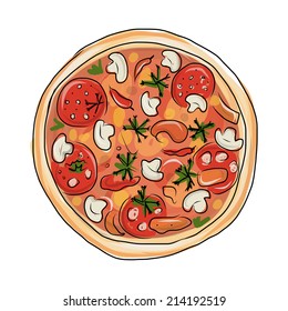 Pizza with tomato and mushrooms, sketch for your design