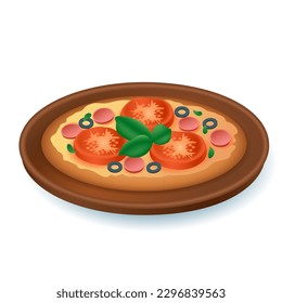 Pizza with tomatoes 3d vector illustration. Served Italian dish on plate at home or restaurant in cartoon style isolated on white background. Restaurant, menu, food concept